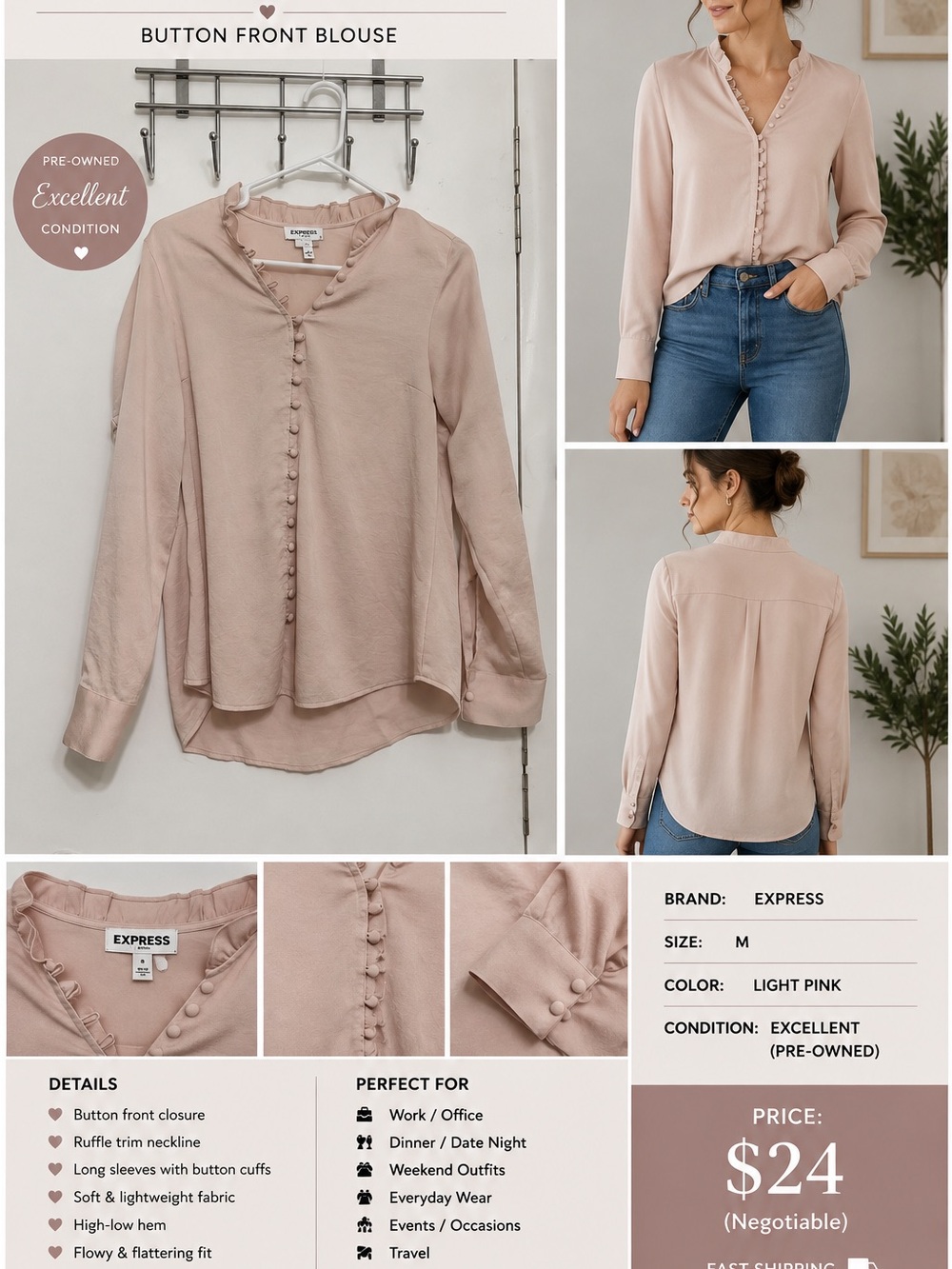 Express Light Pink Ruffle V-Neck Button-Front Blouse
